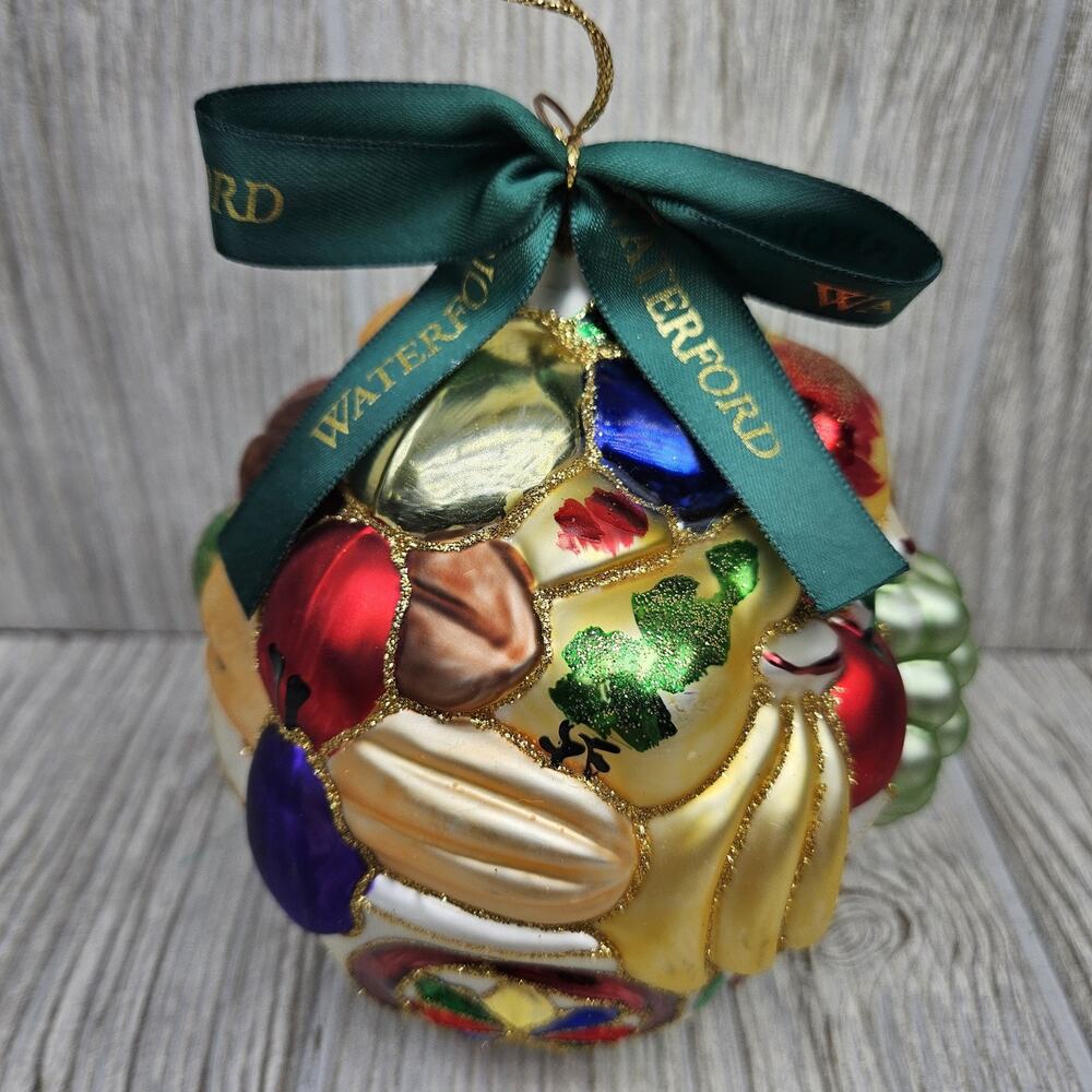Waterford Glass Ornament Fruit Bowl Hand Painted Holiday Decor Ribbon 5 Inch Art
